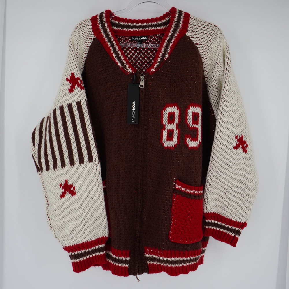 Fashion Nova 89 Forever varsity front zip sweater Brown Chunky Crochet XL NEW